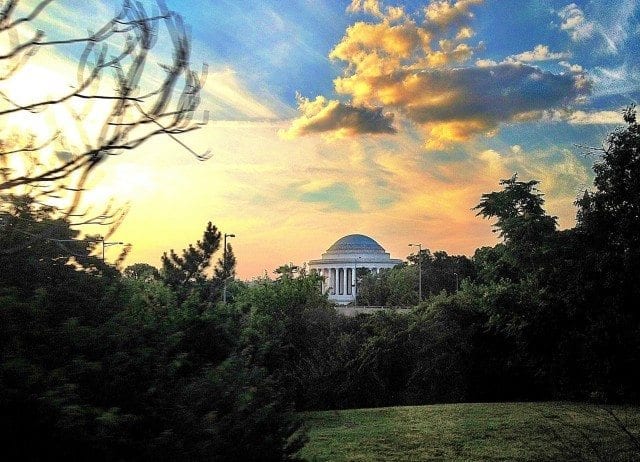 Jefferson Memorial seen from aboard Amtrak Jefferson Memorial seen from aboard Amtrak Silver Star from Florida to New York.