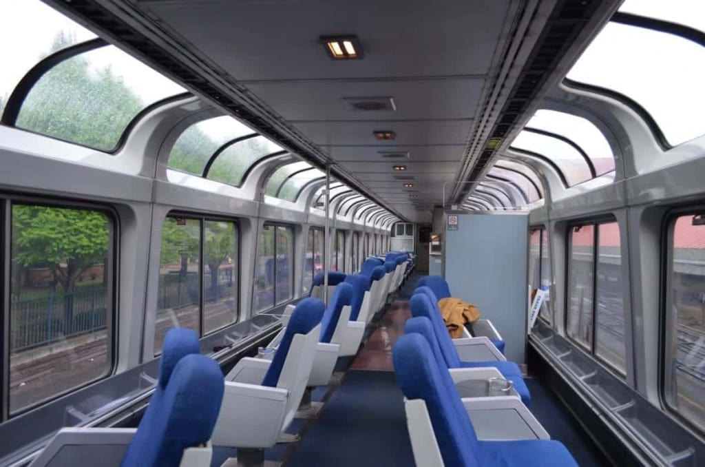 Sleeping car passengers also have access to the observation car on Superliners like this one.