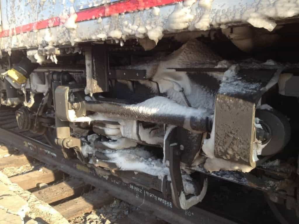 Amtrak Southwest Chief covered with ice in Kansas.
