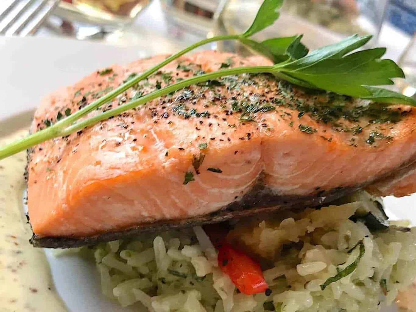 Rocky Mountaineer lunch entree - salmon and risotto.