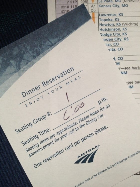 My Amtrak dinner reservation slip.