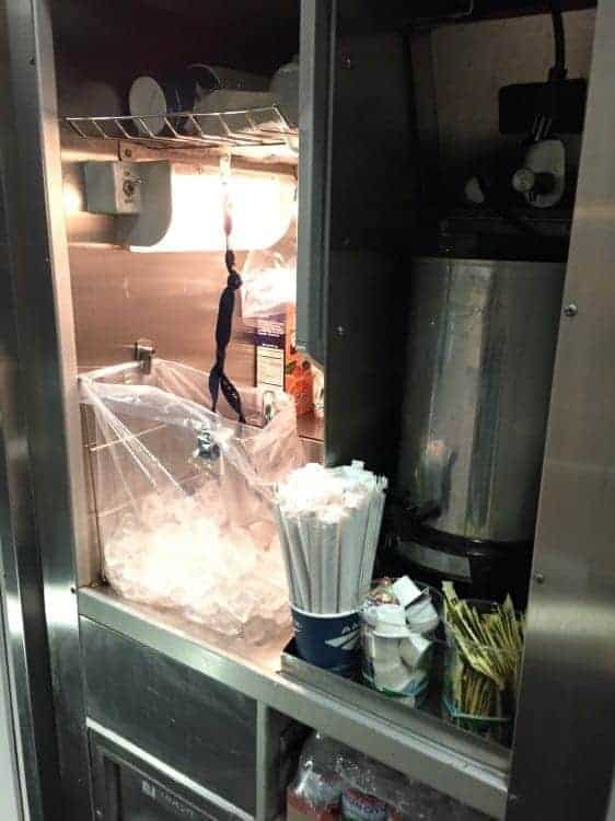 Help yourself to coffee, tea, bottled water or juice, located in every sleeping car.