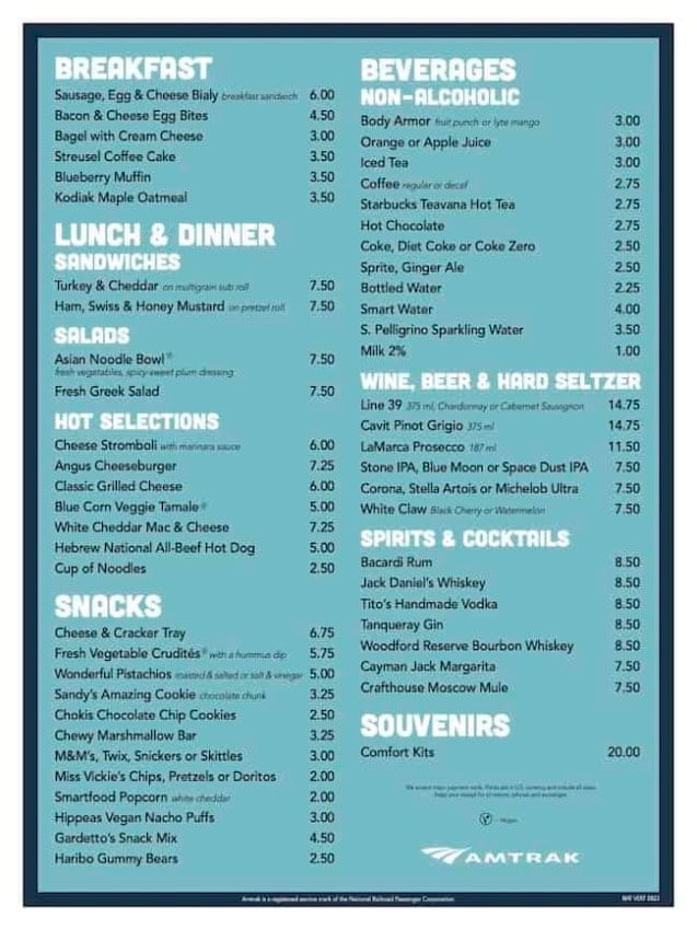 Amtrak new Café Car menu