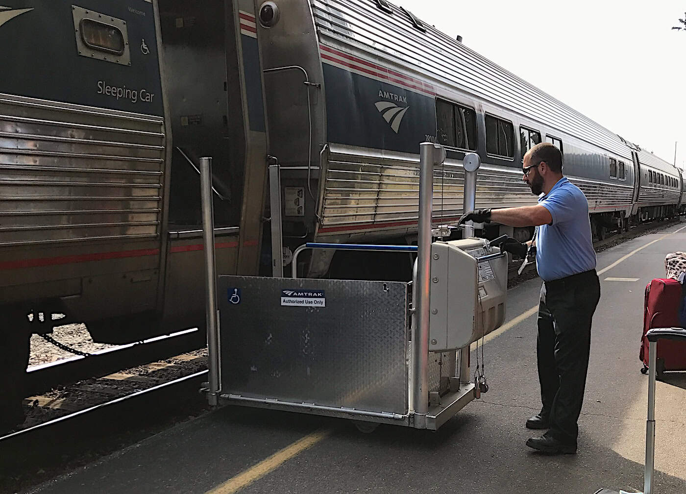 Amtrak lift for wheelchair to board the train.