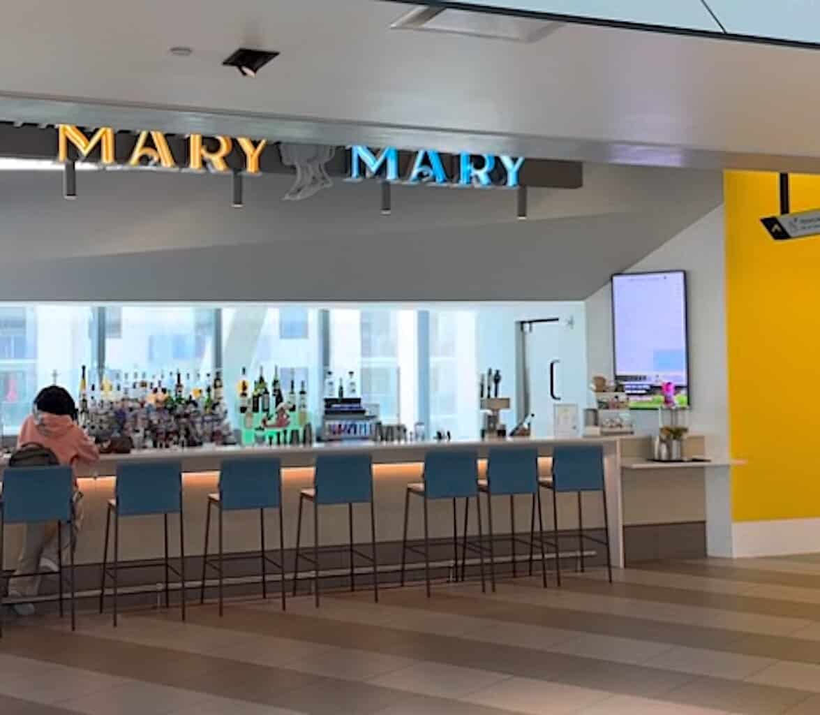 Mary Mary bar on the upper level of the station. One customer is seated at the bar.